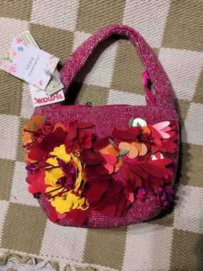 Embellished Pink Floral Sequin Beaded Shoulder Bag India NWT